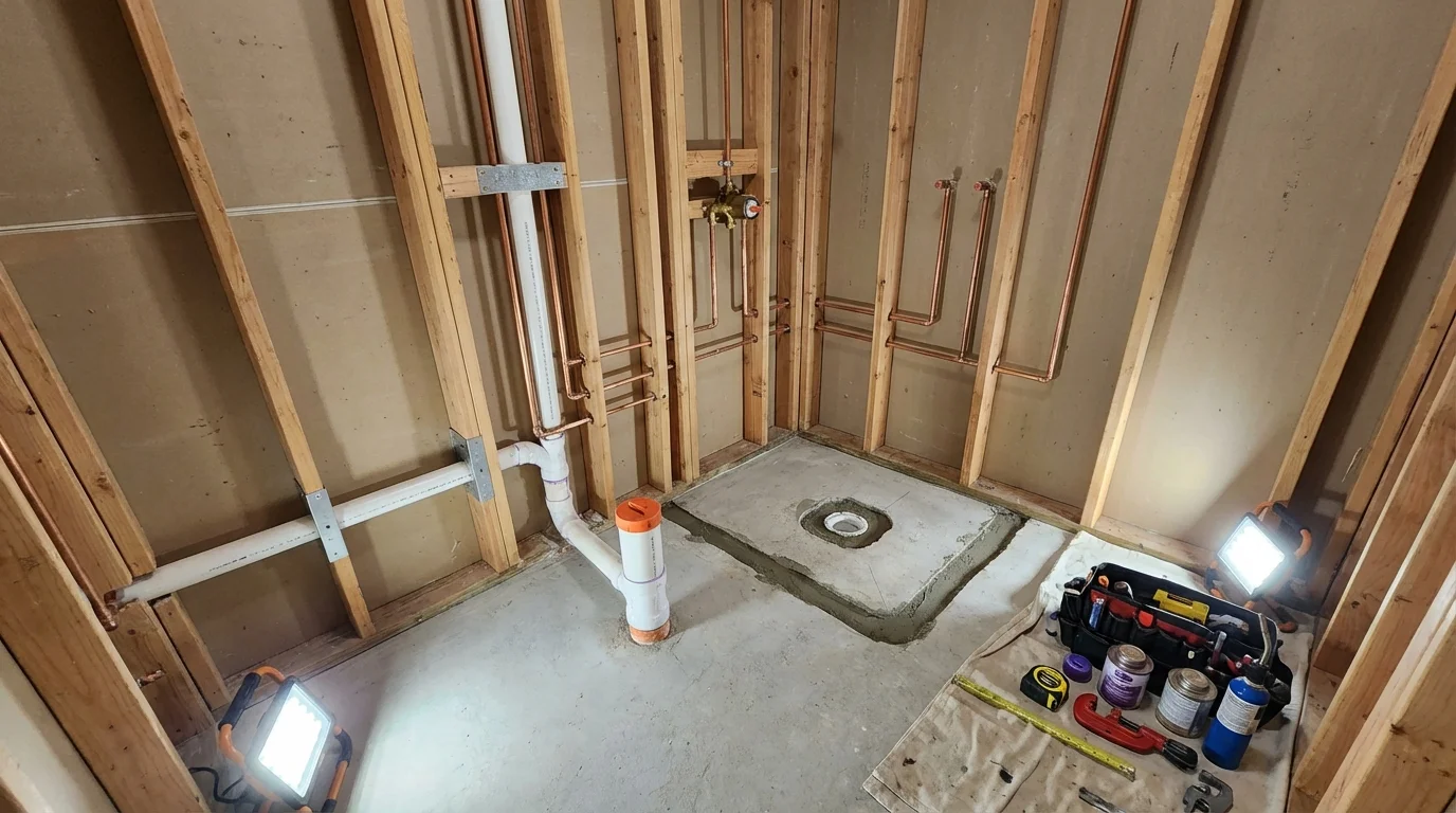 Bathroom rough-in plumbing during remodel by Johns Plumbing LLC in Wendover