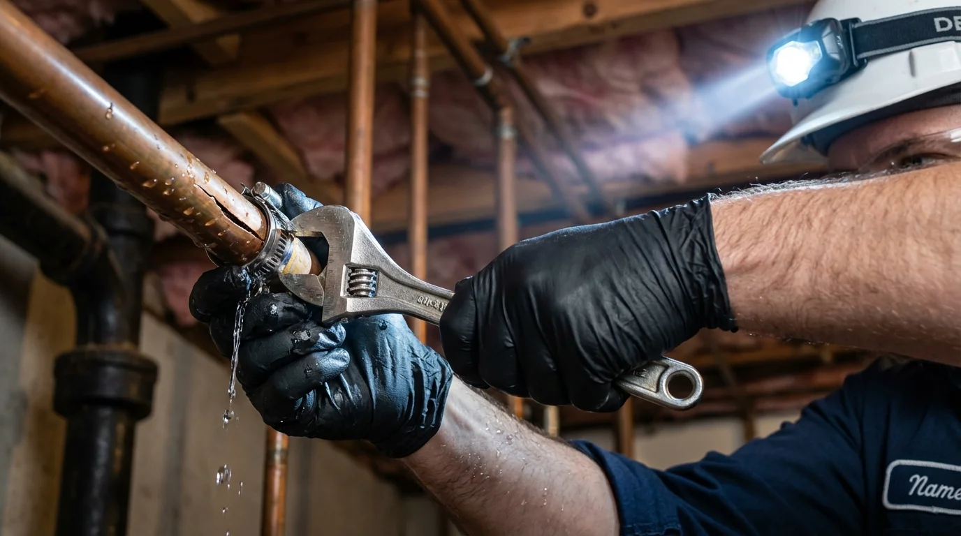 Emergency pipe clamp repair being performed by a Johns Plumbing LLC plumber in Wendover