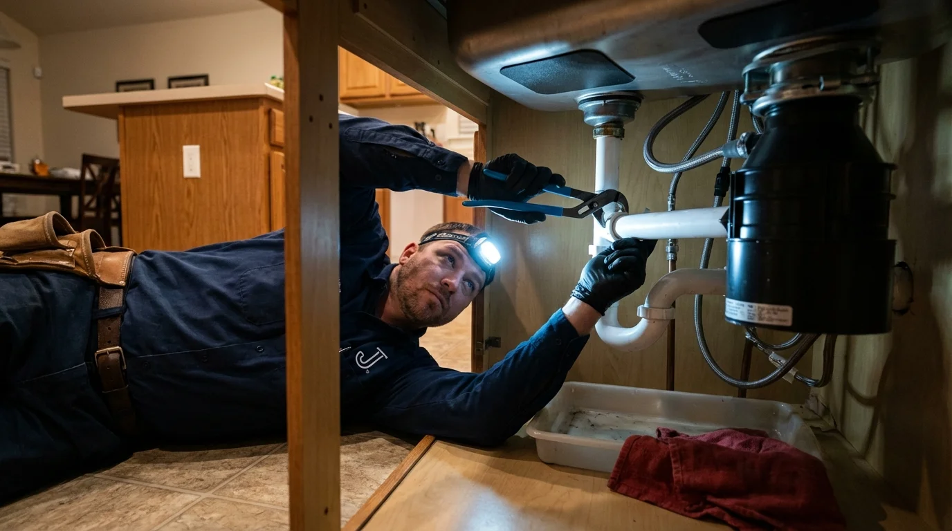 P-trap and supply line connections under a kitchen sink showing a common leak point in Wendover, UT